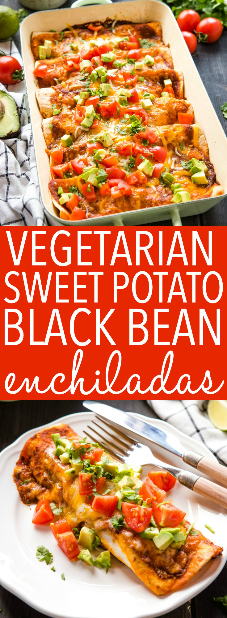 Sweet Potato Black Bean Enchiladas make a delicious healthy Mexican-inspired meal. Make this vegetarian enchiladas recipe tonight. it's kid-friendly! Recipe from thebusybaker.ca! #vegetarian #plantbased #healthy #family #mealidea #familydinner #weeknightmeal #veggies #kidfriendly #easytomake #recipe via @busybakerblog