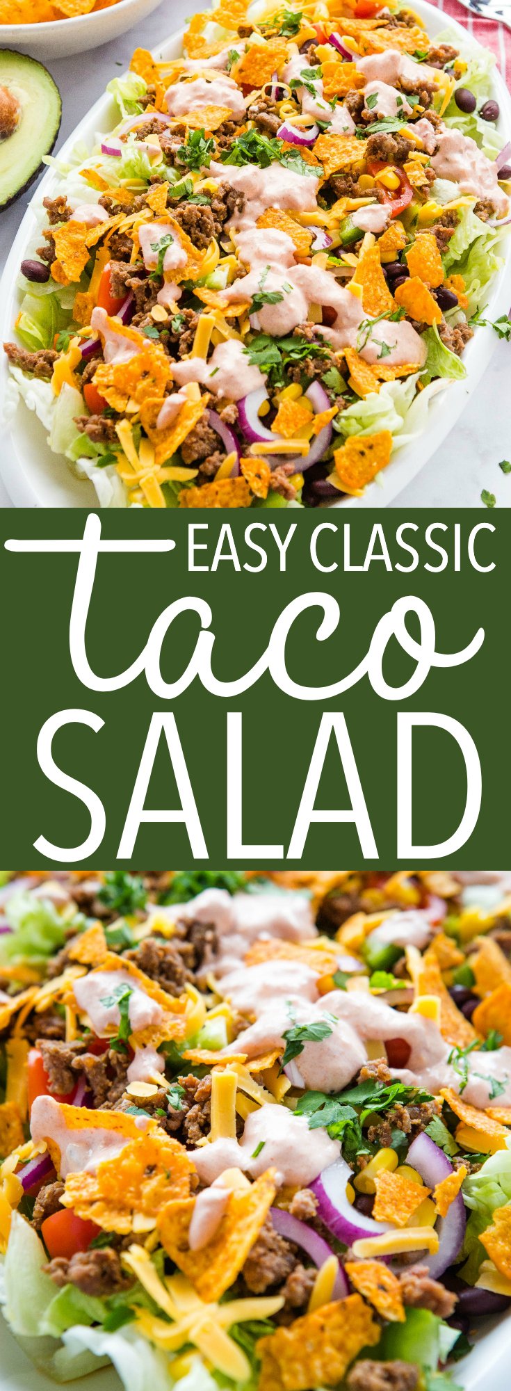 This easy taco salad recipe is easy to make and perfect for an light meal or side dish. Make it with ground beef or turkey in under 30 minutes! Recipe from thebusybaker.ca! #taco #tacosalad #tacotuesday #sidedish #summer #barbecue #potluck #mexican #texmex #easyrecipe #familymeal #weeknightmeal via @busybakerblog