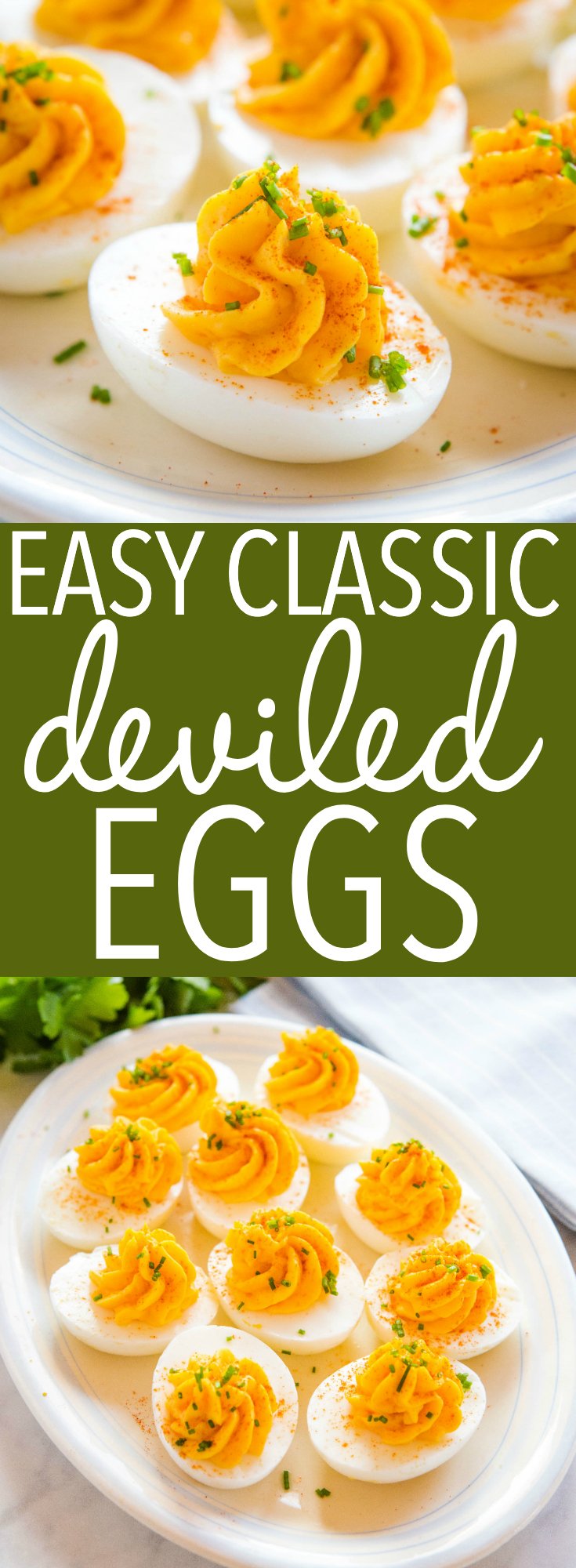 These Easy Classic Deviled Eggs are perfect for Easter or a summer party! Ultra creamy filling with traditional deviled egg flavours - easy to make in under 30 minutes! Follow my tips for the BEST hard boiled eggs ever! Recipe from thebusybaker.ca! #deviledeggs #appetizer #easter #snack #easterbunny #summer #picnic #barbecue #homemade #hardboiledeggs #protips #recipetutorial via @busybakerblog