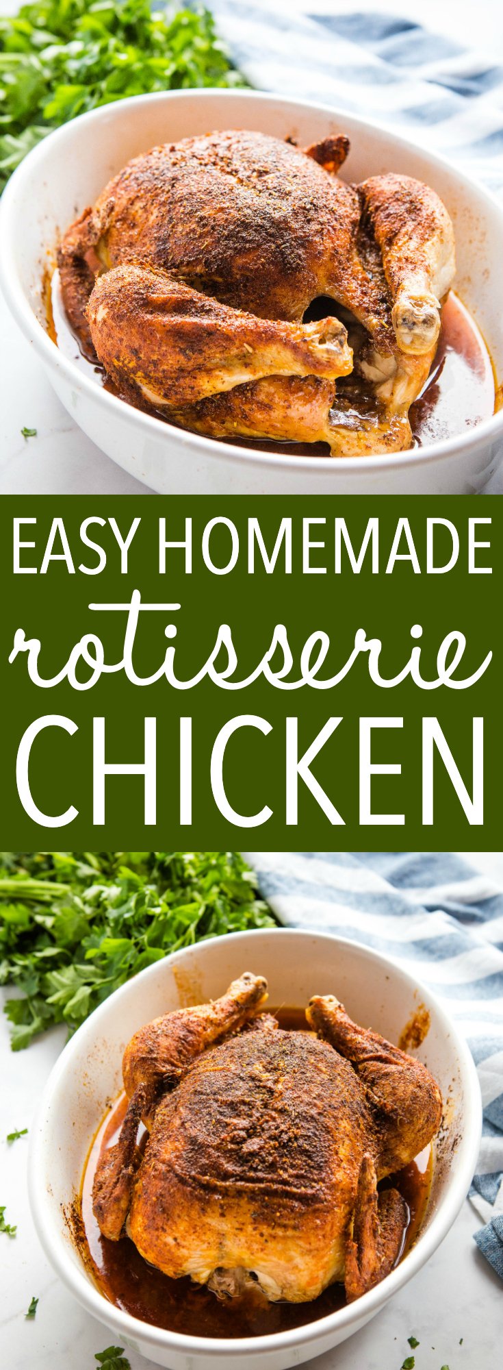 This Easy Homemade Rotisserie Chicken is the perfect simple alternative to supermarket rotisserie chicken with crispy skin and juicy meat - make it in under an hour with just a few pantry ingredients and use it in all your favourite chicken recipes, OR enjoy it as a delicious main dish! Recipe from thebusybaker.ca! #rotisseriechicken #easychickenrecipe #chicken #homemade #spices #pantryrecipe #homemade #familymeal #roastchicken via @busybakerblog