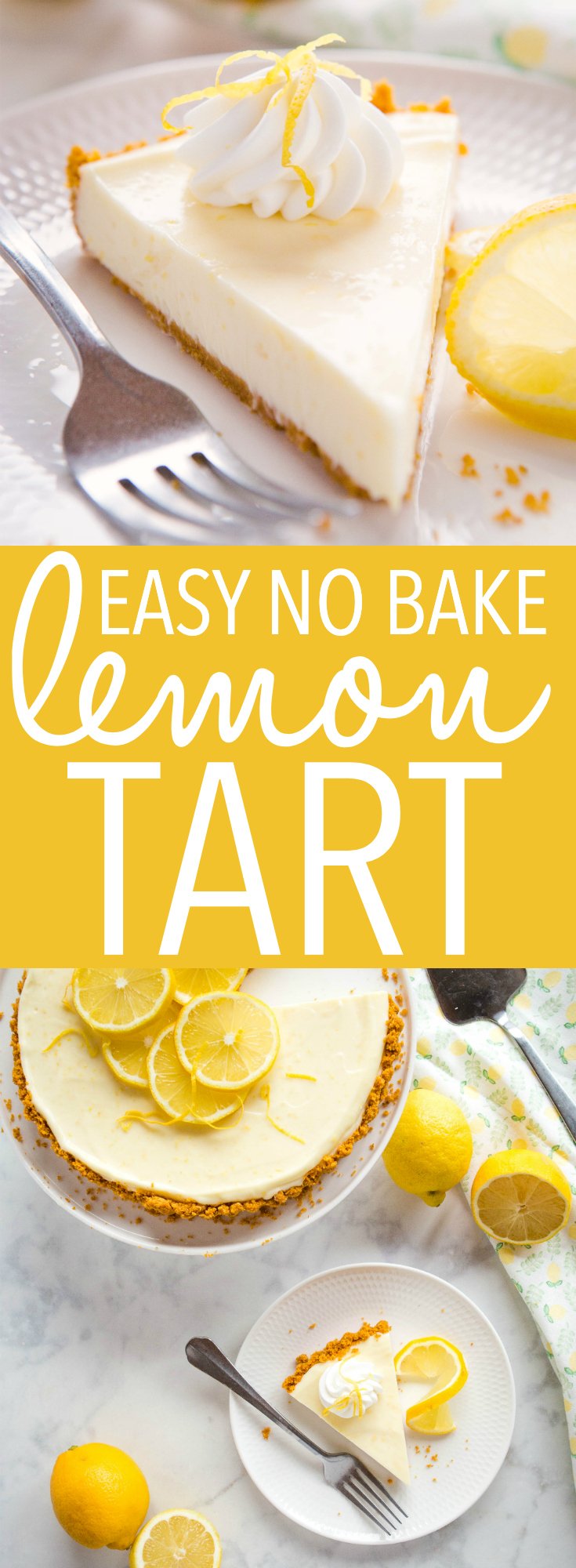 This Easy No Bake Lemon Tart is the perfect easy no-bake dessert for summer! The filling is only 3 ingredients and it's bursting with lemon flavour! Recipe from thebusybaker.ca! #lemon #tart #nobake #easydessert #dessert #lemondessert #pie via @busybakerblog