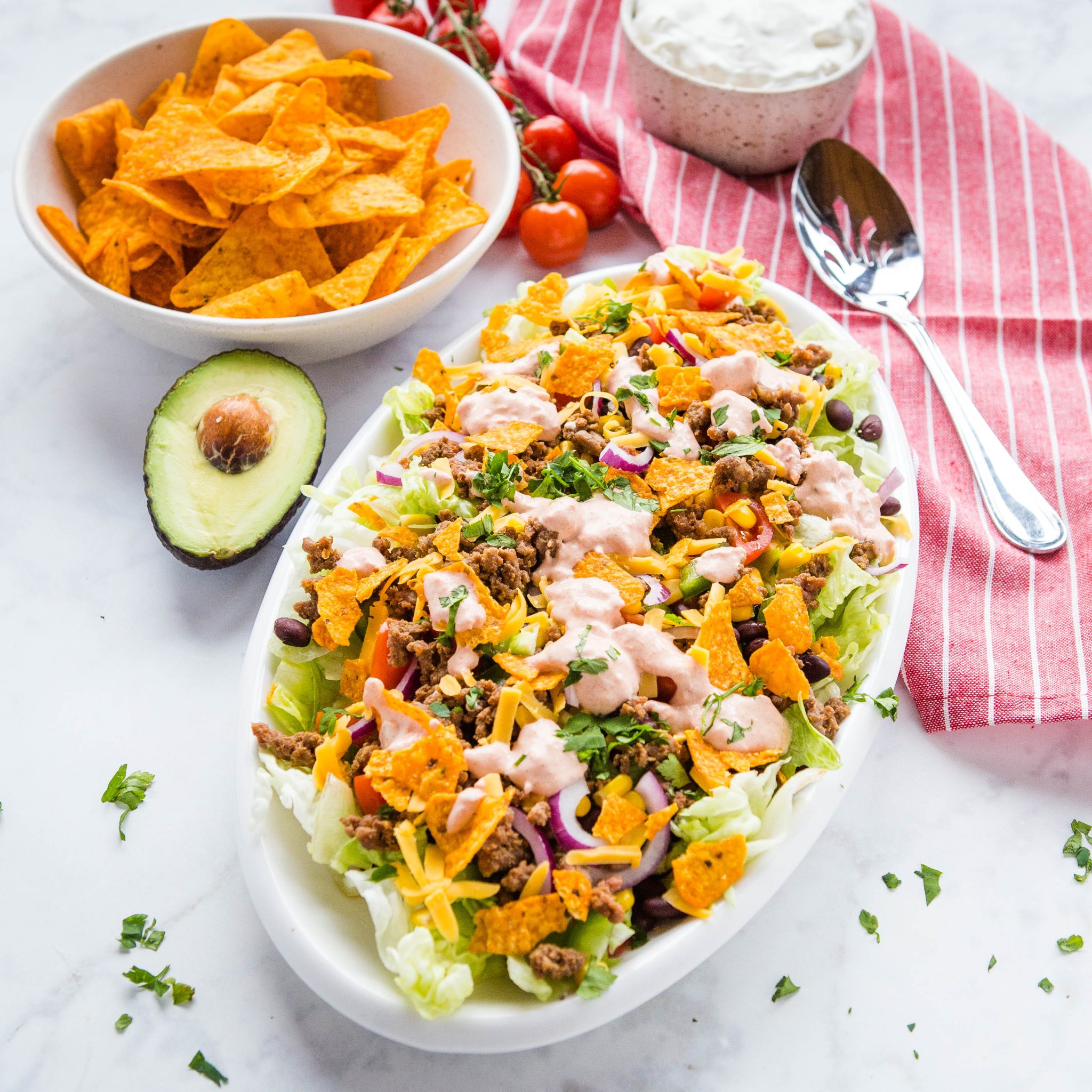 ground beef taco salad in white bowl