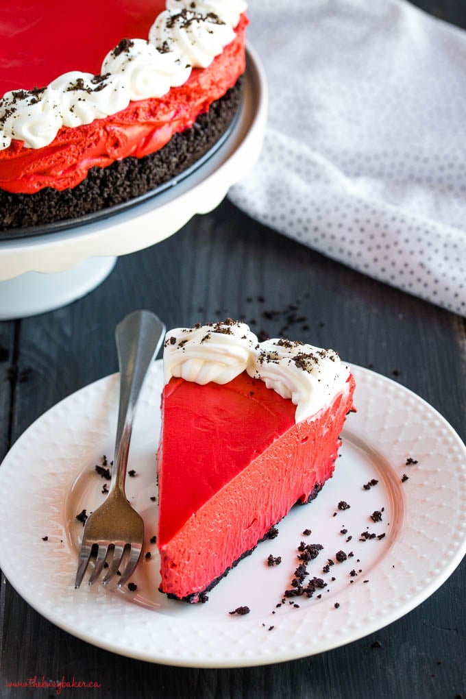 slice of red velvet dessert cheesecake for valentines day