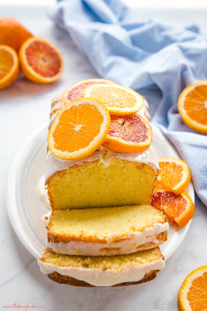 citrus sour cream loaf cake with navel orange and blood orange slices