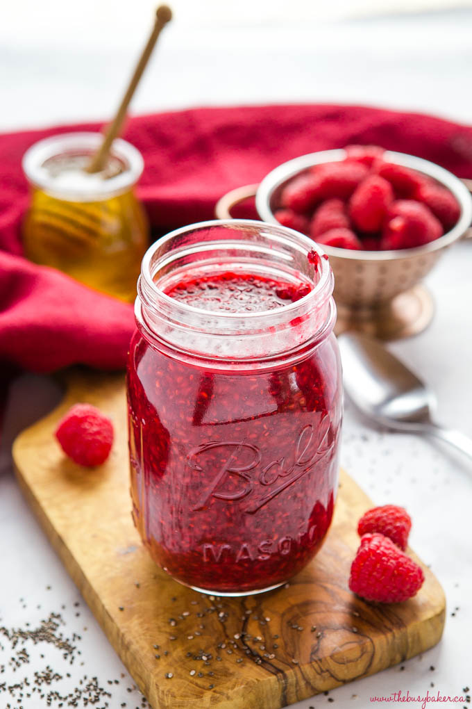 chia seed raspberry jam in mason jar
