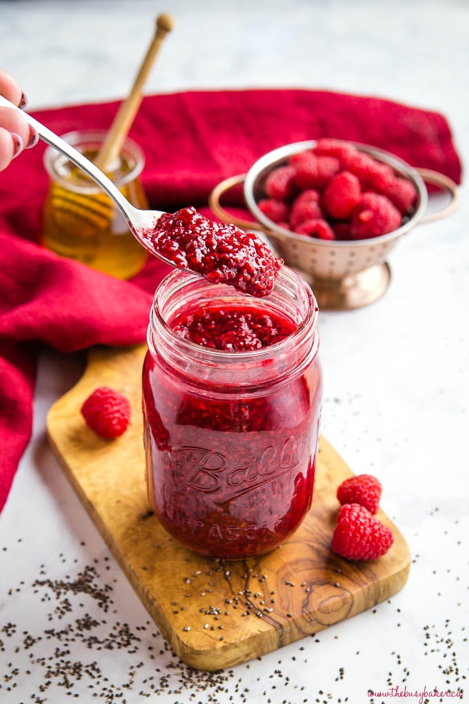 jar of chia seed raspberry jam with honey