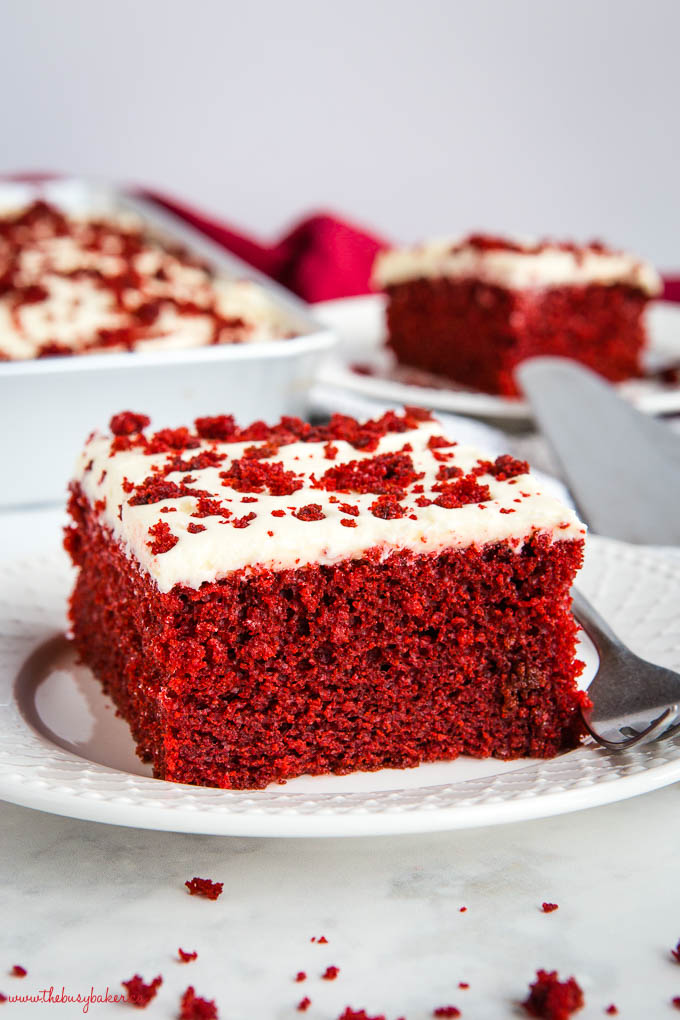 slice of red valentine's day cake on white plate