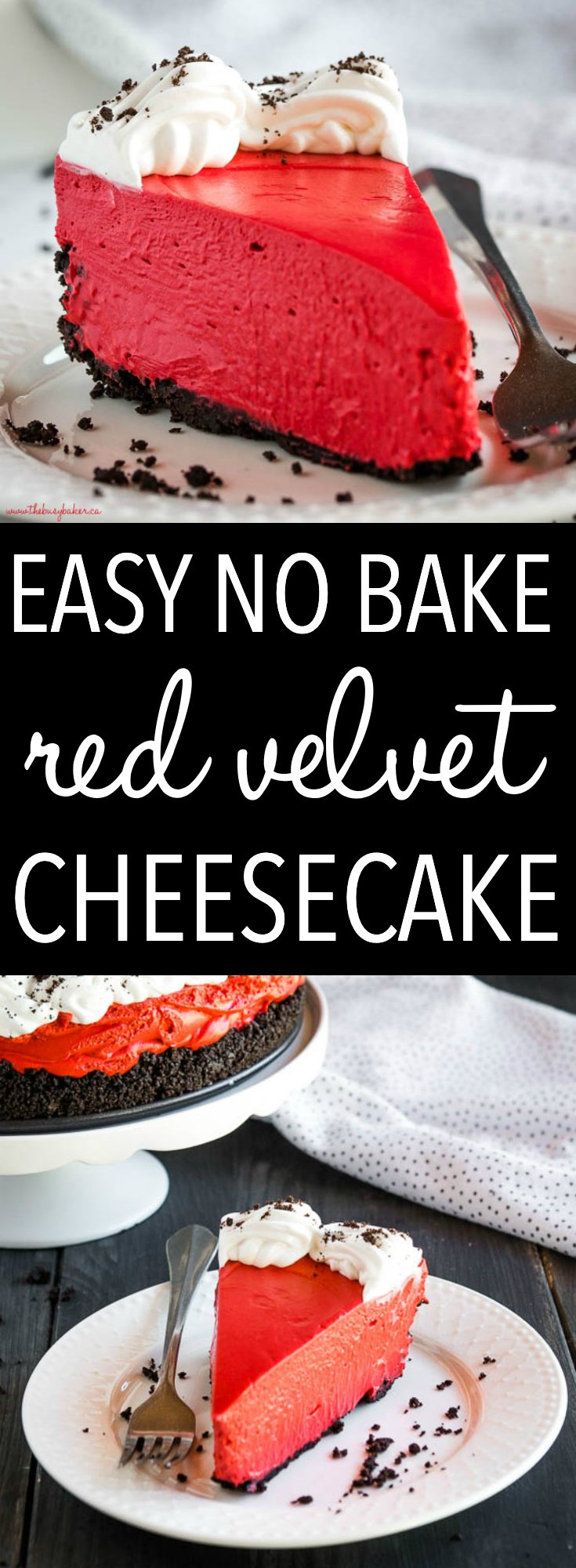 This Red Velvet Cheesecake is the perfect simple dessert for Valentine's Day! It's creamy and smooth with a hint of chocolate and that classic Red Velvet flavour! Recipe from thebusybaker.ca! #redvelvet #cheesecake #cake #dessert #sweet #homemade #classicrecipe #recipe #easyrecipe #creamy via @busybakerblog