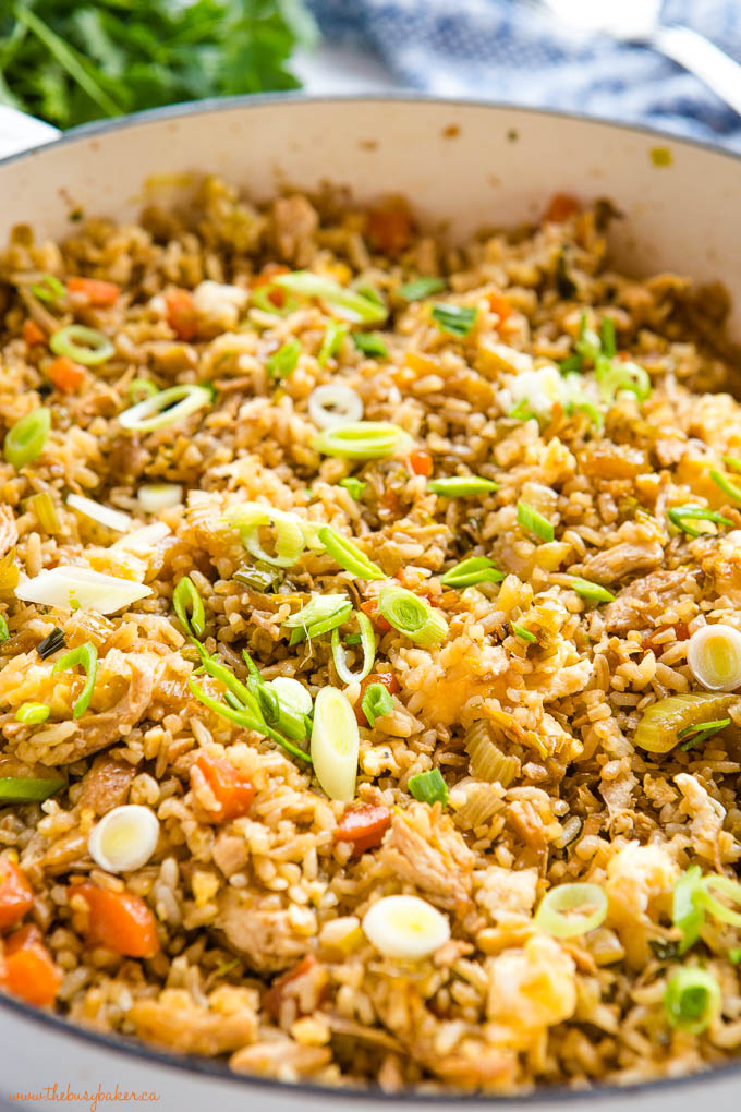 quick and easy chicken fried rice in cast iron pan