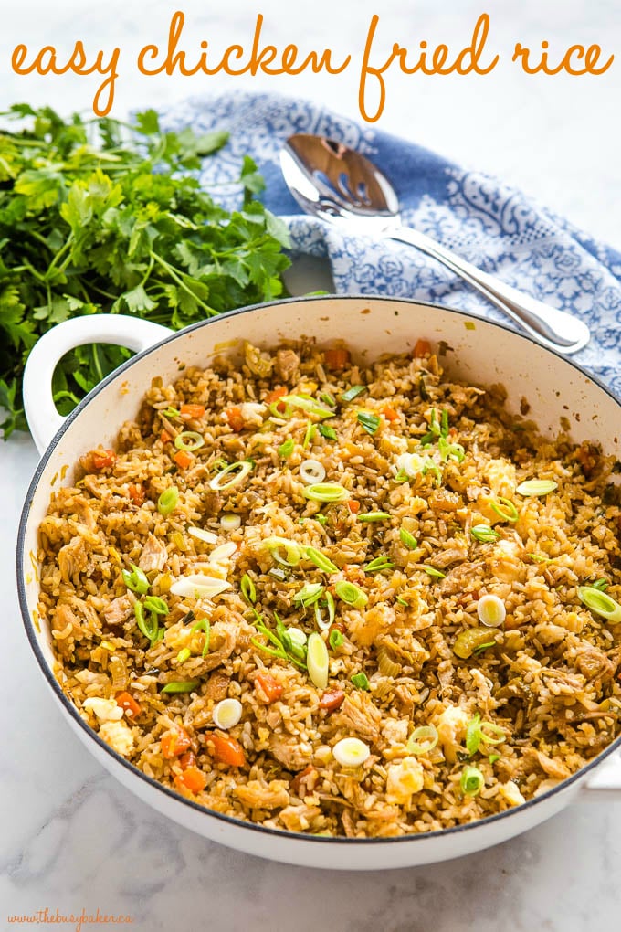 titled photo (and shown) chicken fried rice (in white skillet)