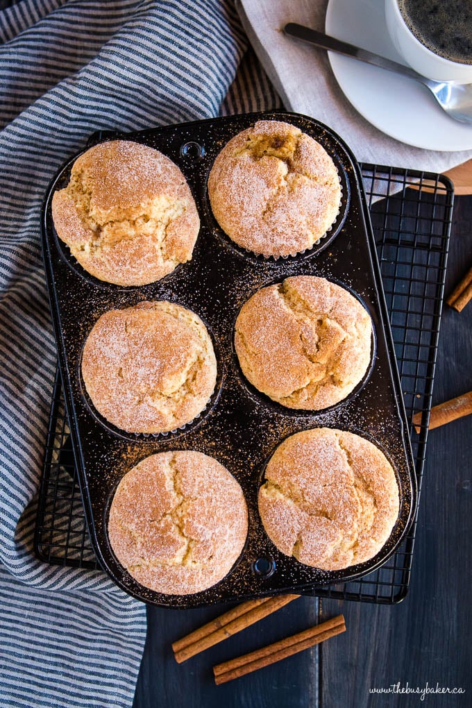 overhead photo looking down on 6 homemade muffins in a black muffin pan