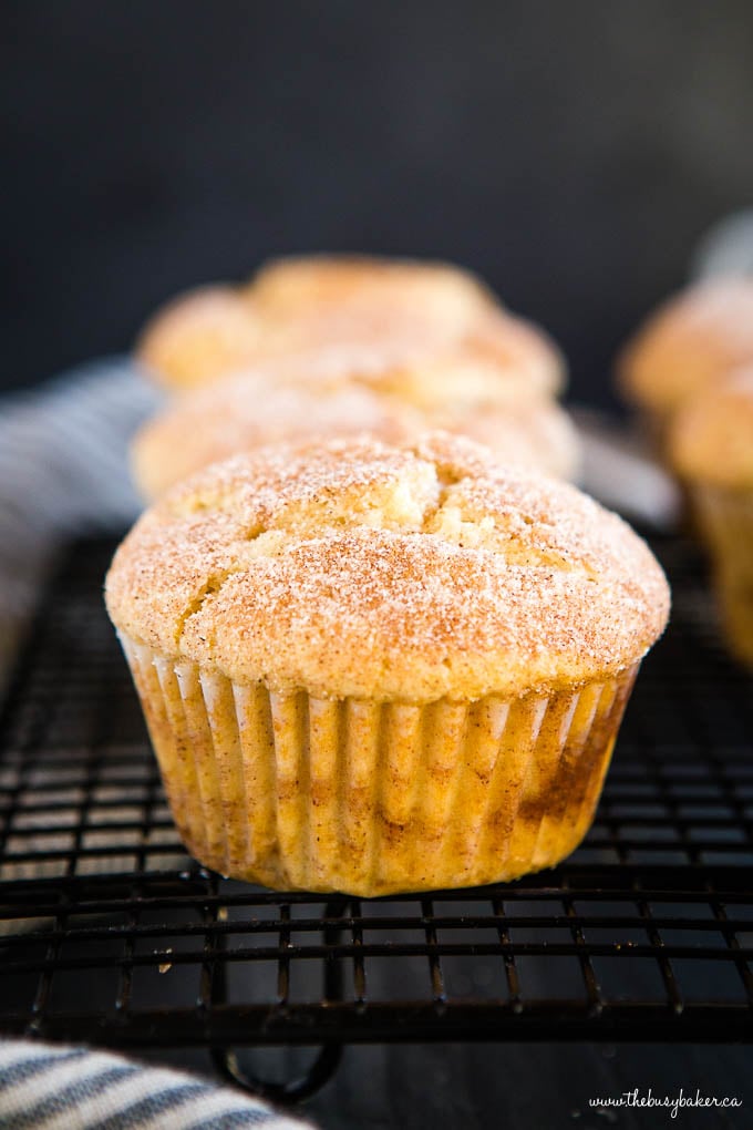 close up photo: cinnamon sugar muffin on cooling rack