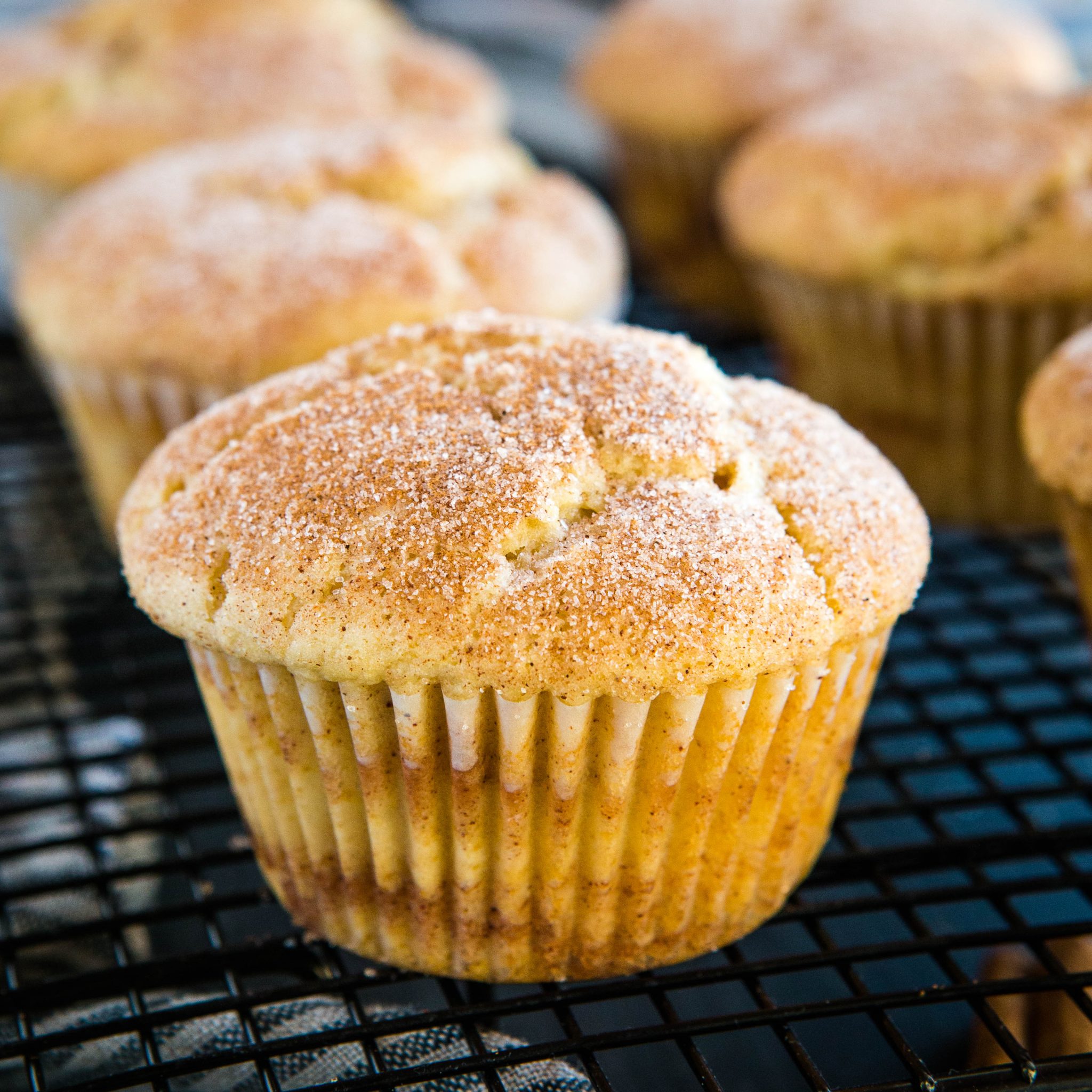 homemade cinnamon sugar muffins on black cooling rack