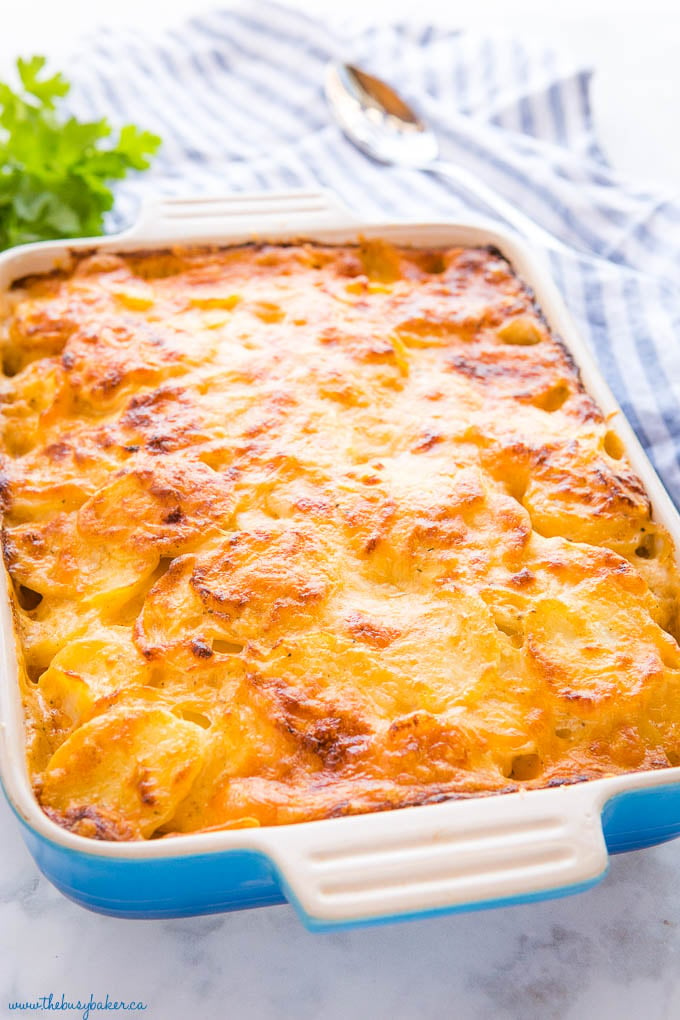 baked potato slices covered with melted cheese in blue casserole dish