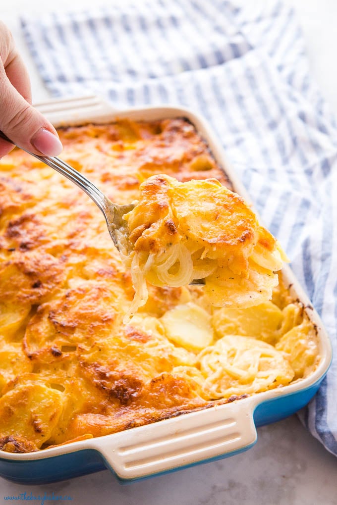 homemade scalloped potatoes with onions on large serving spoon