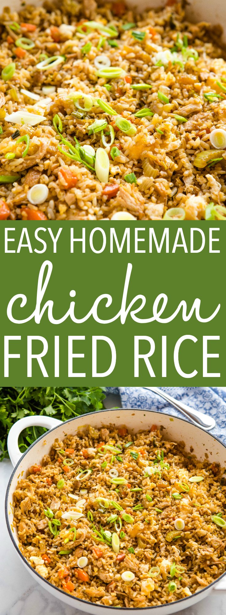 This Chicken Fried Rice recipe makes the perfect easy weeknight meal made with leftover rice, chicken, and fresh or frozen veggies. It's better than takeout fried rice and it's on the table in 20 minutes! Recipe from thebusybaker.ca! #rice #friedrice #chinesefood #takeout #copycat #weeknightmeal #family #meal #dinner via @busybakerblog