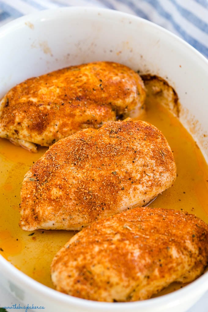 3 pieces of 5 spice chicken in white baking dish