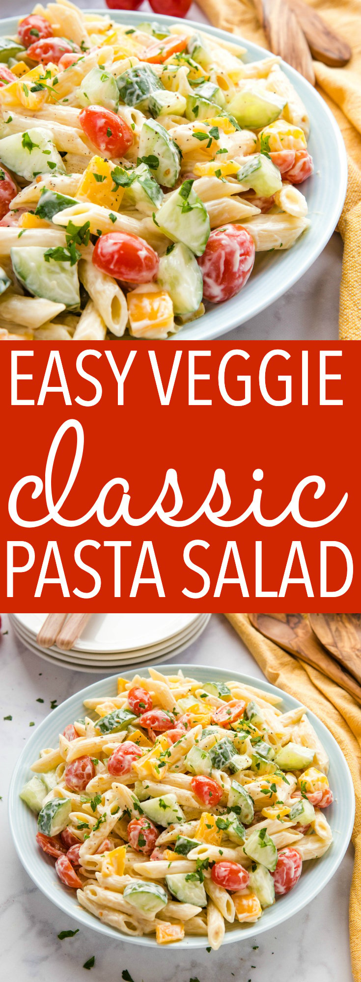 This Easy Classic Pasta Salad is a family favourite recipe! It makes a delicious side dish, it's packed with veggies, and it's easy to make in under 30 minutes! Recipe from thebusybaker.ca! #pasta #salad #veggie #vegetarian #pastasalad #easy #summer #barbecue #party via @busybakerblog