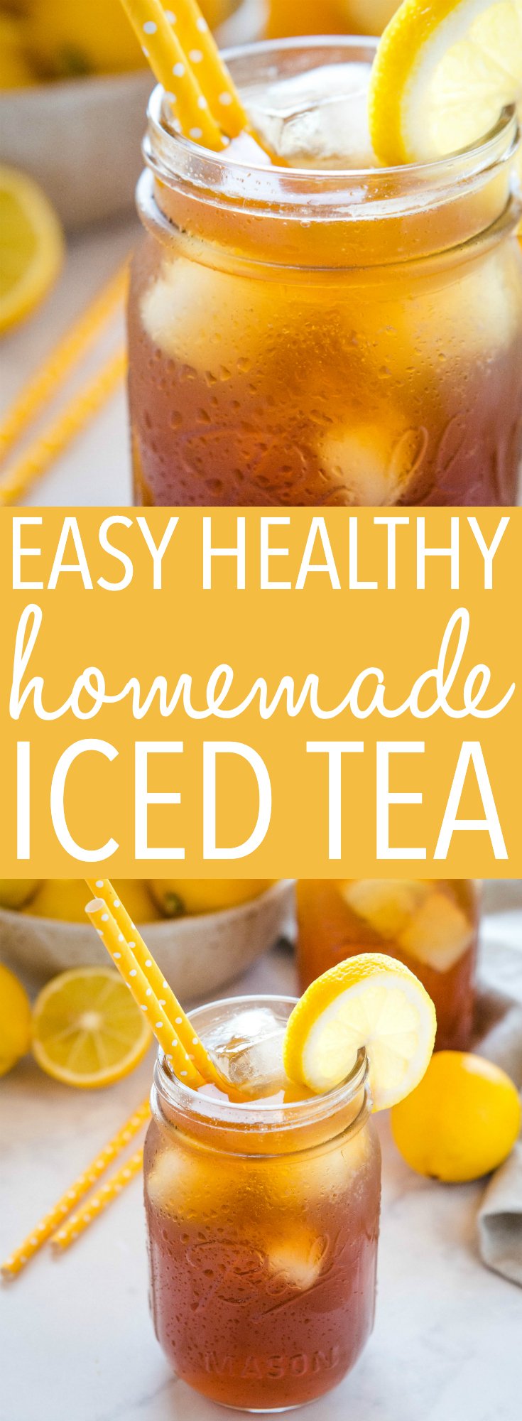 This Healthy Iced Tea recipe is a refreshing drink for summer! 3 ingredients, NO refined sugar or artificial sweeteners - Under 50 calories per serving! Recipe from thebusybaker.ca! #summer #icedtea #sweettea #sugarfree #lowcalorie #diabeticfriendly #healthy #homemade #drink #summer via @busybakerblog