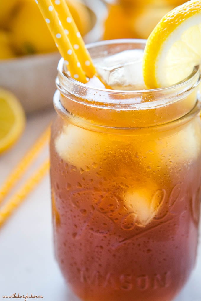 iced tea in mason jar with condensation and ice