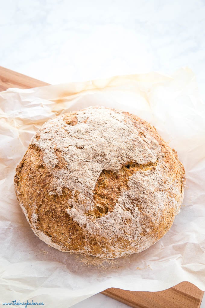 round loaf of homemade bread on white parchment paper