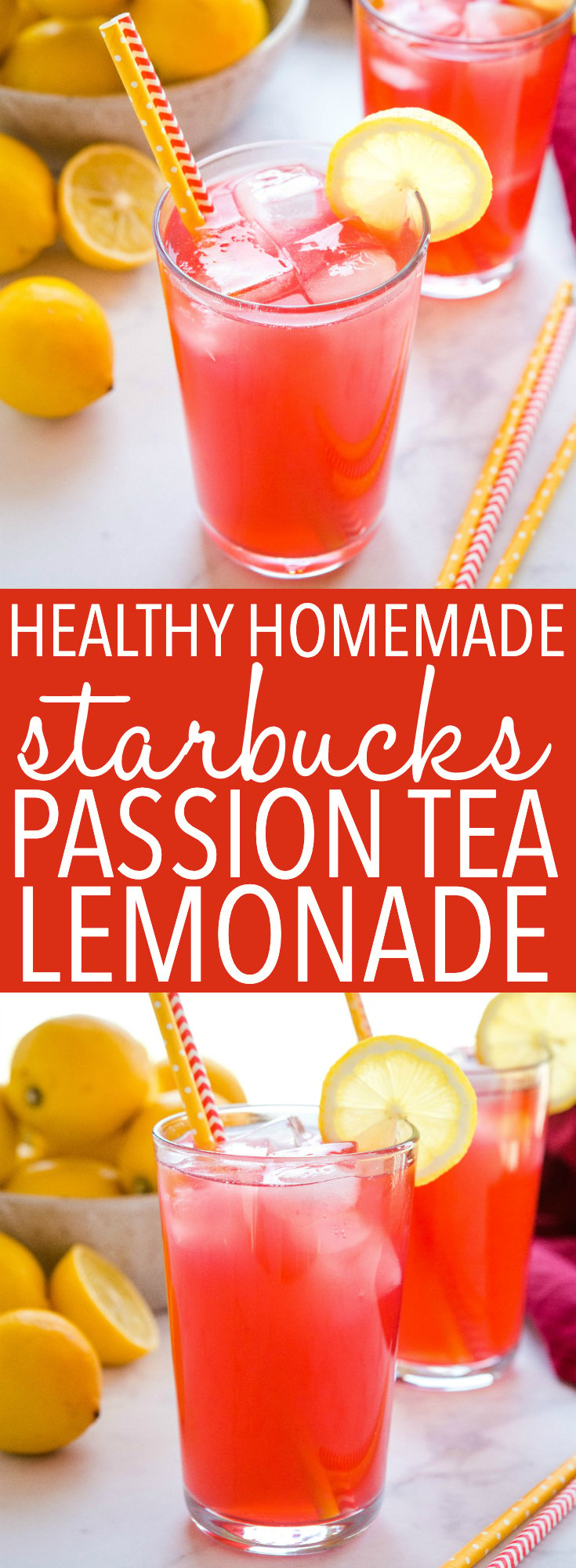 This Starbucks Passion Tea Lemonade is the perfect warm-weather drink that tastes even better than your favourite coffee shop iced tea! Easy to make and no refined sugar! Recipe from thebusybaker.ca! #starbucks #passiontealemonade #lemonade #drink #icedtea #coffee #summer #spring #homemade #healthy #refinedsugarfree via @busybakerblog