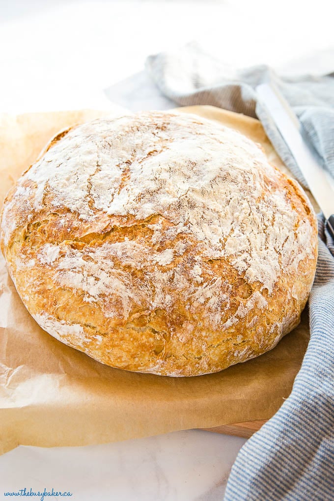 round loaf of Dutch oven bread on cutting board with towel and knife