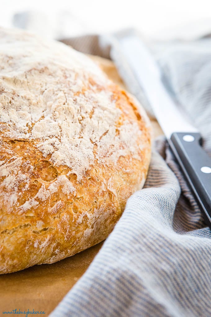 golden brown crust on loaf of artisan bread on cutting board with knife and towel