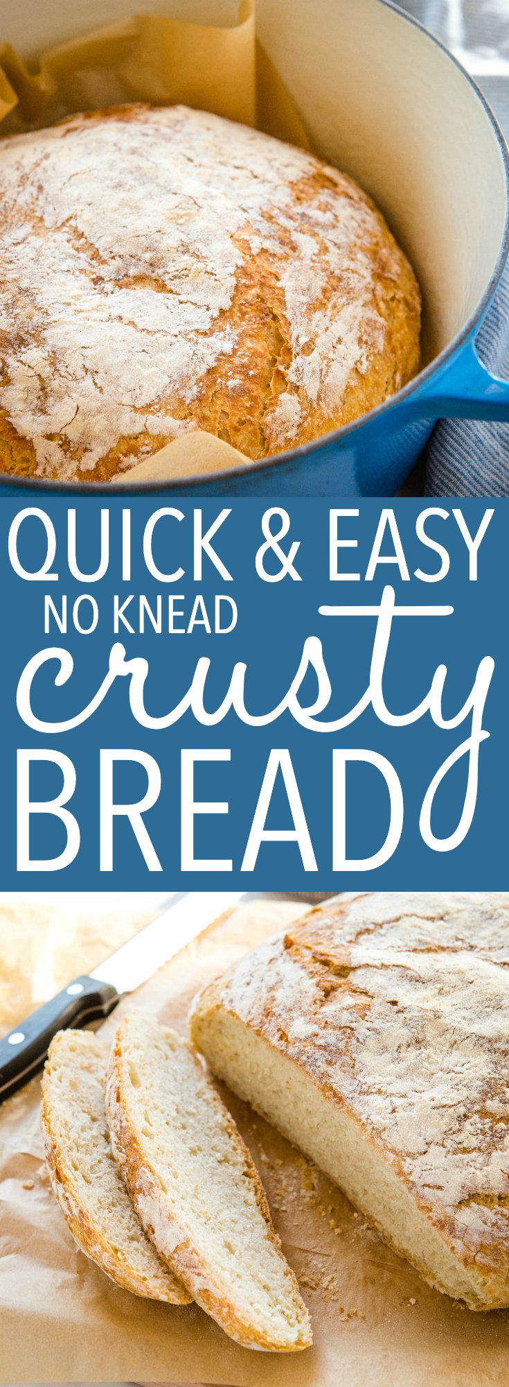 Make this quick no knead bread with 4 ingredients and a Dutch oven! No overnight rise and no kneading. It's soft bread with a crispy crust! Recipe from thebusybaker.ca! #homemadebread #crustybread #bakerybread #artisanbread #dutchovenbread #bread #baking #yeast via @busybakerblog