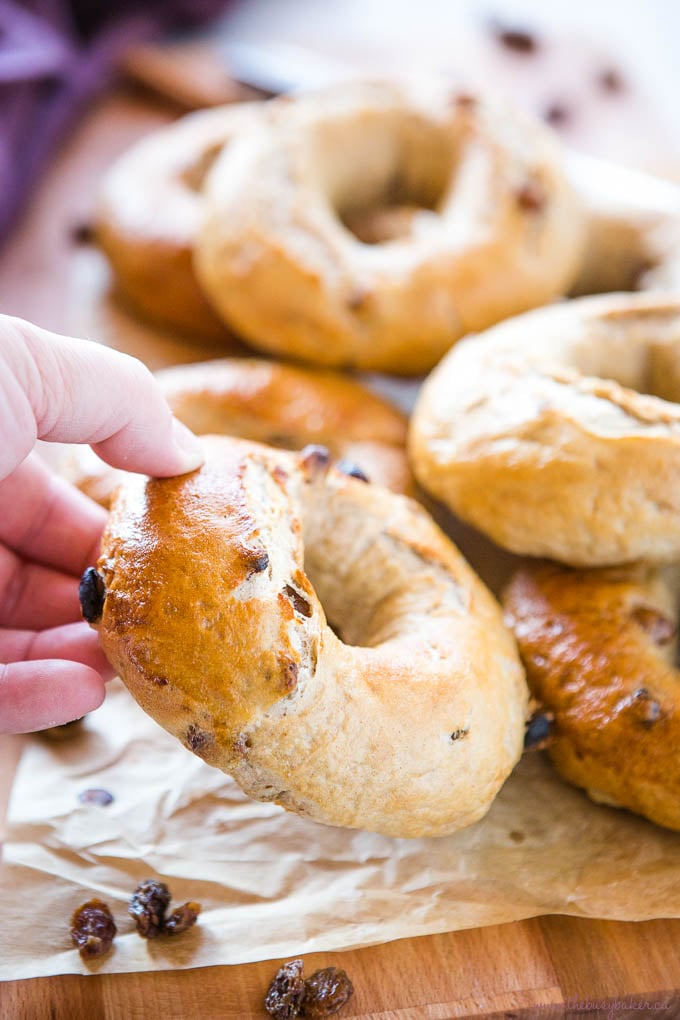 Cinnamon Raisin Bagels on wood cutting board with knife and cinnamon sticks