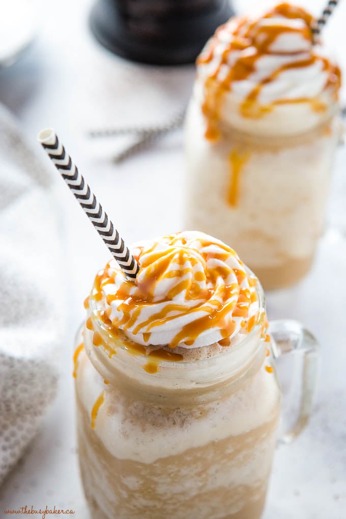 caramel frappuccino with black and white chevron paper straw
