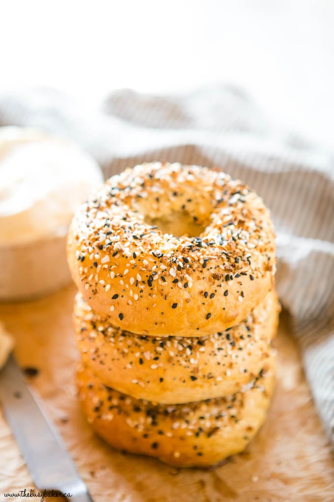stack of 3 homemade everything bagels