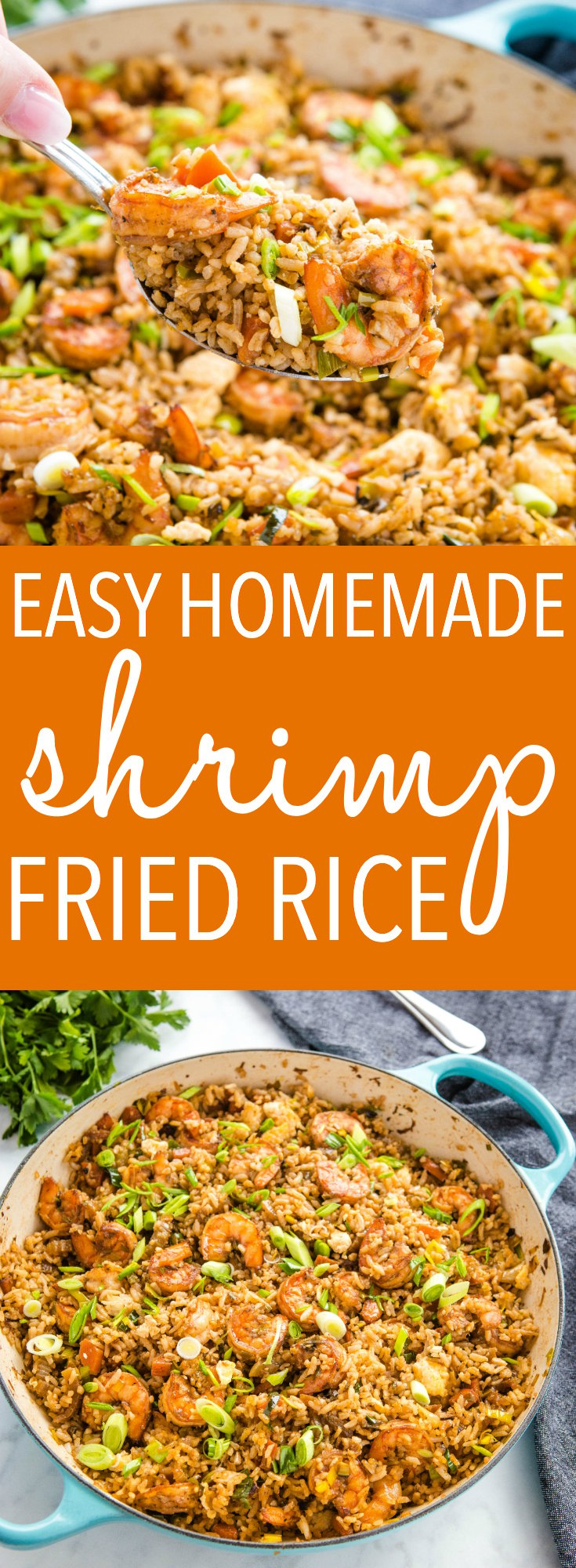 This Easy One Pan Shrimp Fried Rice is the perfect simple weeknight meal made with leftover rice, frozen shrimp, and whatever veggies you have on hand! It's better than takeout fried rice and it's on the table in 20 minutes! Recipe from thebusybaker.ca! #friedrice #easyrecipe #dinner #weeknightmeal #familymeal #simple #onepan #onepot via @busybakerblog