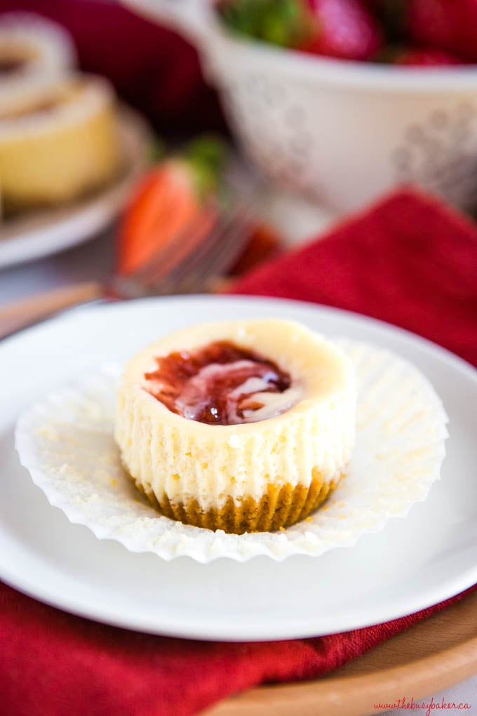 Mini Strawberry Swirl Cheesecake on white plate with strawberry jam