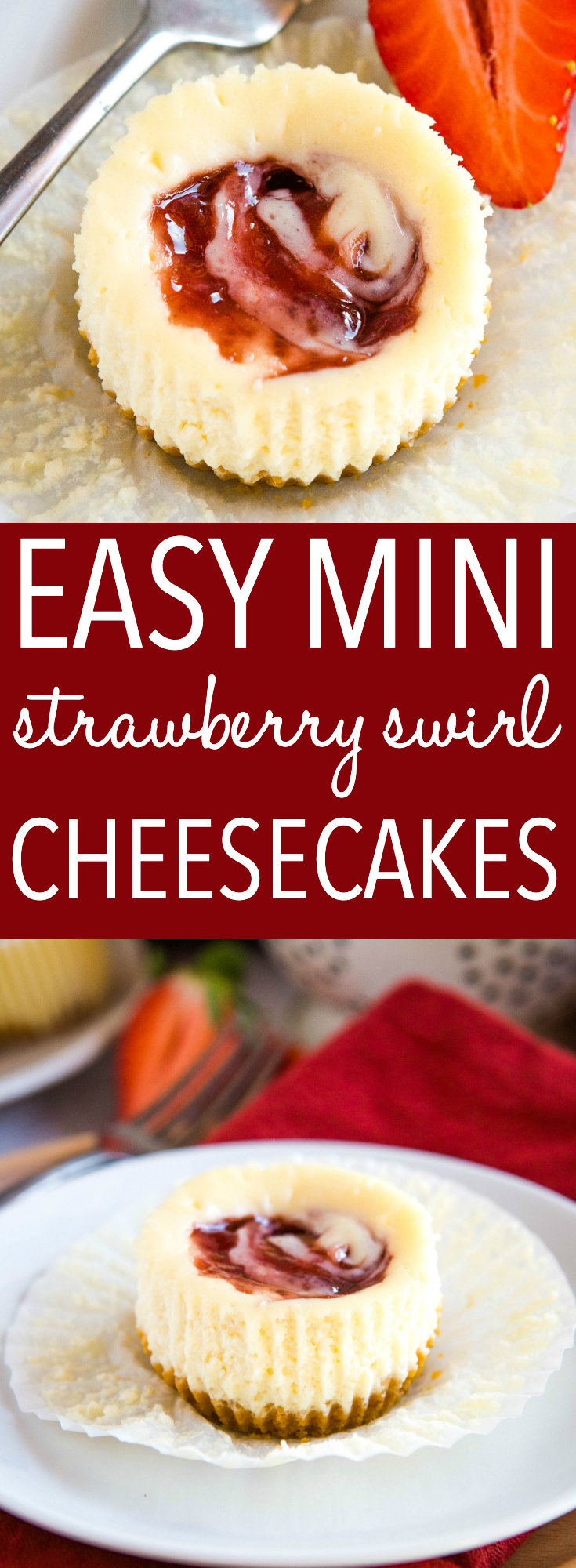 These Easy Mini Strawberry Swirl Cheesecakes are the perfect easy dessert for spring and summer! Just a few simple ingredients, an easy cookie crust and a fluffy cheesecake filling with a swirl of sweet strawberry jam! Recipe from thebusybaker.ca! #strawberry #cheesecake #minicheesecakes #minidessert #summer #spring #baking via @busybakerblog