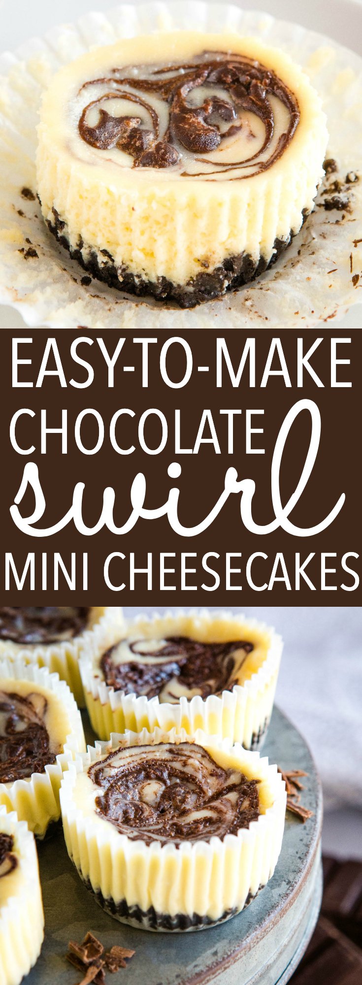 These Easy Mini Chocolate Swirl Cheesecakes are the perfect easy dessert! An easy cookie crust, a fluffy cheesecake filling & a swirl of melted chocolate! Recipe from thebusybaker.ca! #cheesecake #minidessert #minicheesecake #chocolate #chocolateswirl #easybaking #baking #recipe via @busybakerblog