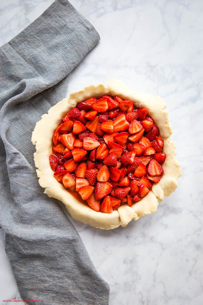 overhead image strawberries in pie shell