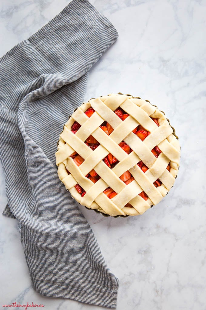 lattice over strawberries in pie unbaked