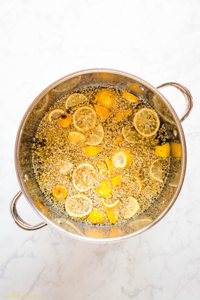 overhead image: elderflower blossoms, lemon slices and water in large stock pot to make elderflower syrup recipe.
