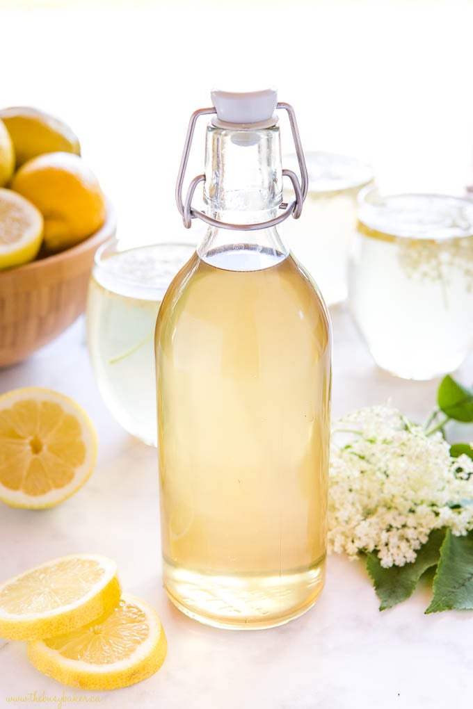 bottle of homemade elderflower syrup