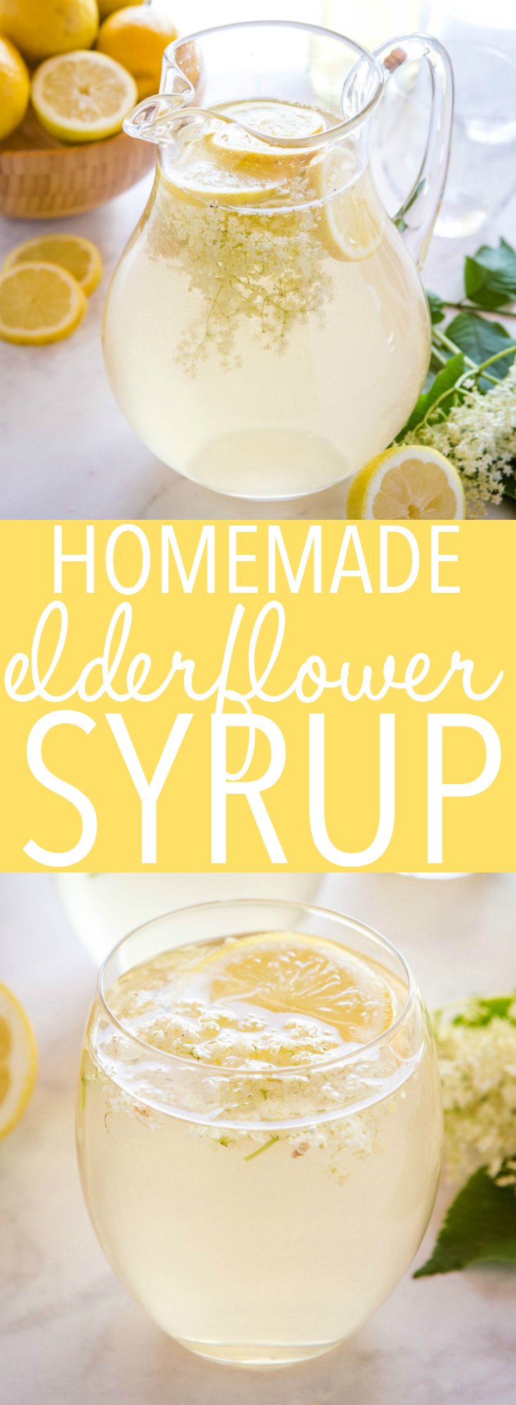 This elderflower syrup recipe makes a sweet floral base for creating delicious drinks and desserts. Make this recipe for a taste of summer! Recipe from thebusybaker.ca! #elderflower #syrup #homemadesyrup #drinks #summer #sucdesoc #holunderblutensirop #holunderblutensaft #siropdesoc #european via @busybakerblog