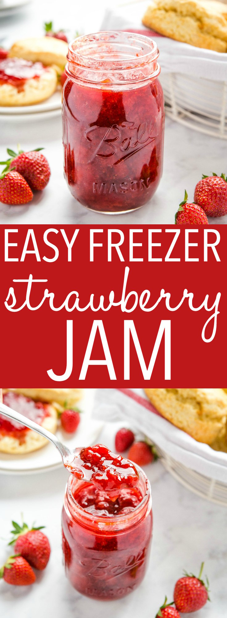 This Easy Strawberry Freezer Jam is a simple and easy homemade jam recipe made with fresh strawberries! Only 3 ingredients, no pectin, and no canning required! Recipe from thebusybaker.ca! #jam #strawberryjam #homemadejam #freezerjam #summer #strawberryrecipes via @busybakerblog