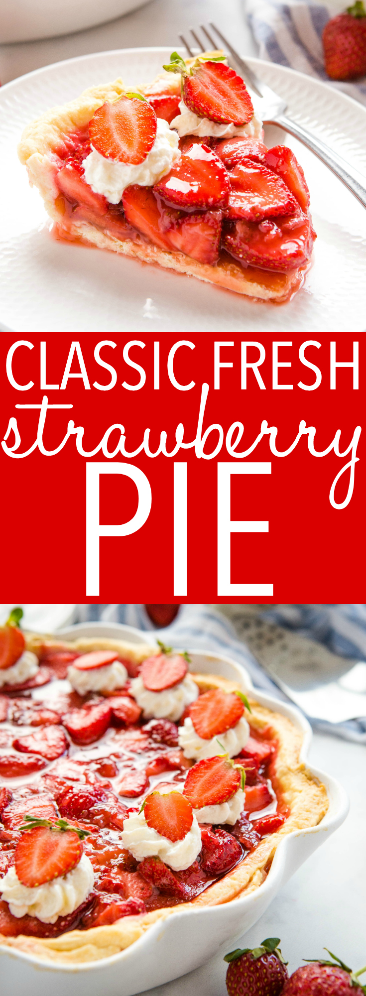 This Classic Fresh Strawberry Pie is an old family recipe for the perfect easy summer dessert! It's packed with fresh strawberries and made with an easy trick for the perfect juicy slice every time! Recipe from thebusybaker.ca! #strawberrypie #strawberry #dessert #pie #homemade #nobake #berries #barbecue #party #family via @busybakerblog