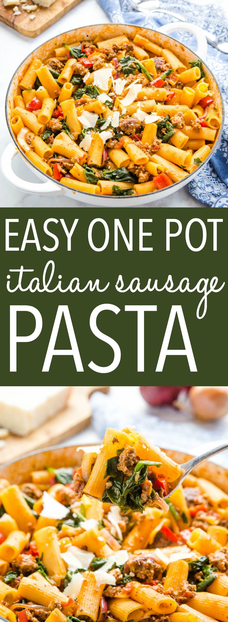 This Easy One Pot Italian Sausage Pasta is the perfect simple meaty all-in-one meal that's packed with classic flavours and on the table in 30 minutes or less! Recipe from thebusybaker.ca! #recipe #italiansausage #pasta #onepotpasta #easymeal #easydinner #supper #dinner #family #weeknightmeal via @busybakerblog
