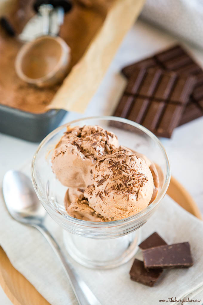 3 scoops of chocolate ice cream in glass dish with shaved chocolate