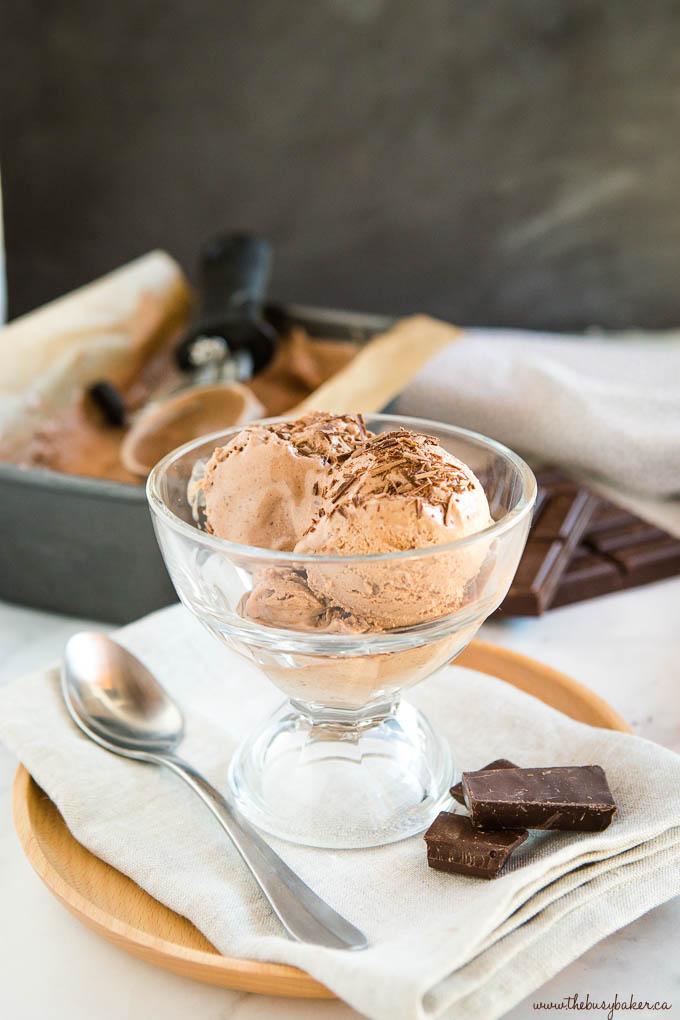glass dish with scoops of chocolate ice cream and chocolate shavings