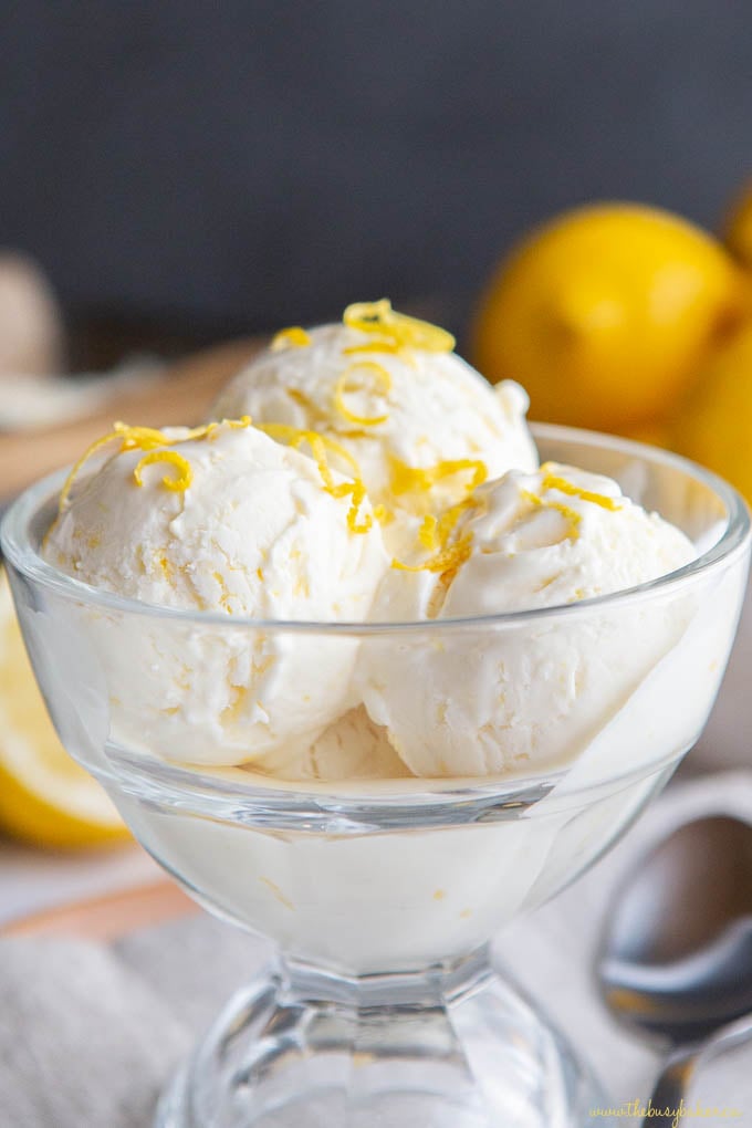 3 scoops of lemon ice cream in glass dish