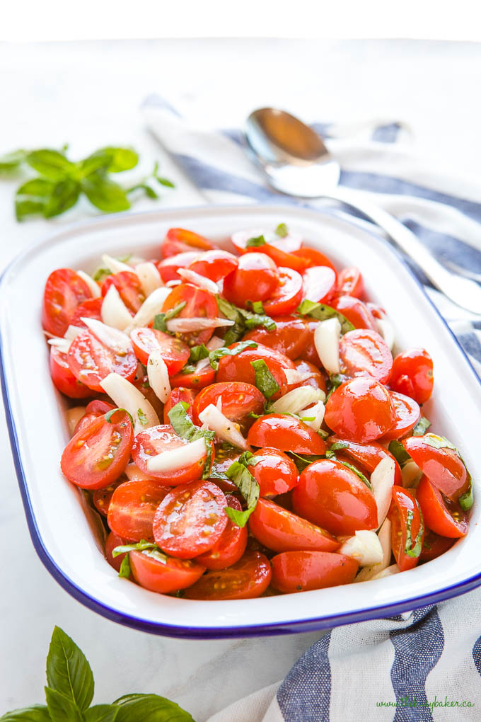 tomato salad with onions and fresh basil in white bowl with a blue rim
