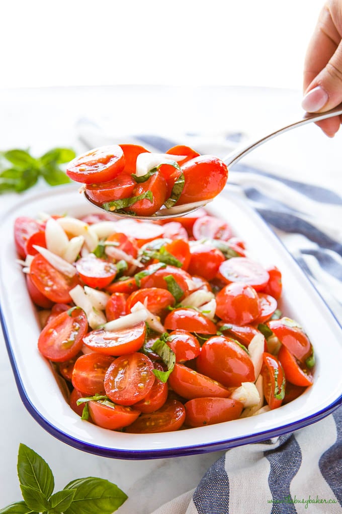 spoonful of tomato onion salad with fresh basil 