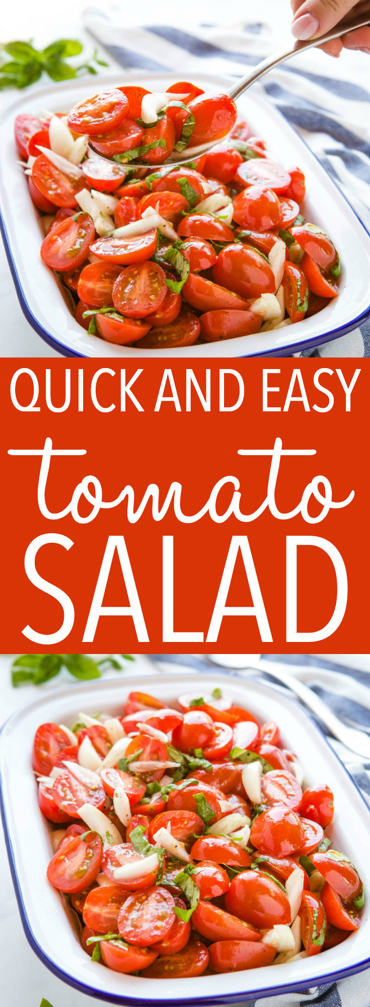 This Quick and Easy Tomato Salad is a classic easy salad recipe that's packed with ripe tomatoes, onions and fresh basil. It's the perfect simple side dish for summer! Recipe from thebusybaker.ca! #tomatosalad #tomatorecipe #sidedish #grilling #summer #recipe #quickandeasy via @busybakerblog